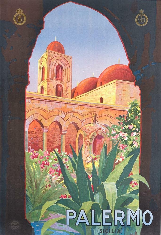 Palermo Sicily Travel 1930 Vintage Original Italian Poster Italian Railways Rare: Palermo Sicily Travel 1930 Vintage Original Italian Poster Italian Railways Rare The 1930 vintage Italian poster for Palermo Sicily is an original Art Deco travel poster, measuring 27 inches in width