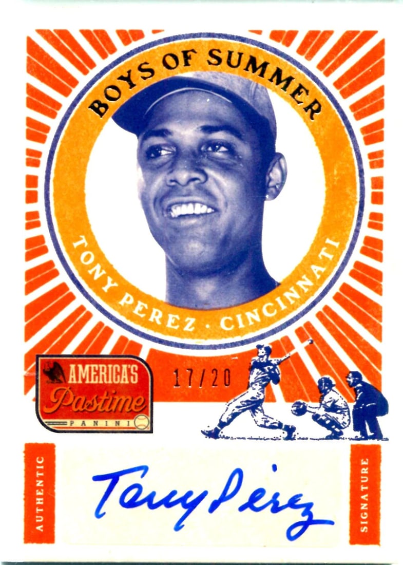 Tony Perez 2013 Panini America's Pastime Autographed Card #17/20: Tony Perez 2013 Panini America's Pastime Autographed Card #17/20 This 2013 Panini America's Pastime autographed card of Tony Perez is numbered #17/20 and produced by Donruss. Item Specifics: Brand: