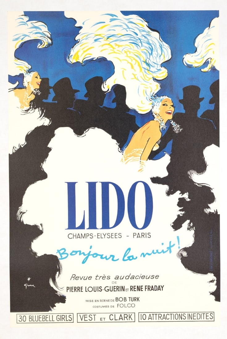 Lido By Rene Gruau Bonjour La Nuit On Linen Excellent A Condition: Lido By Rene Gruau Bonjour La Nuit On Linen Excellent A Condition The Lido By Rene Gruau poster, created in 1971, is an original cabaret-themed artwork measuring 16 inches wide and 24 inches high,