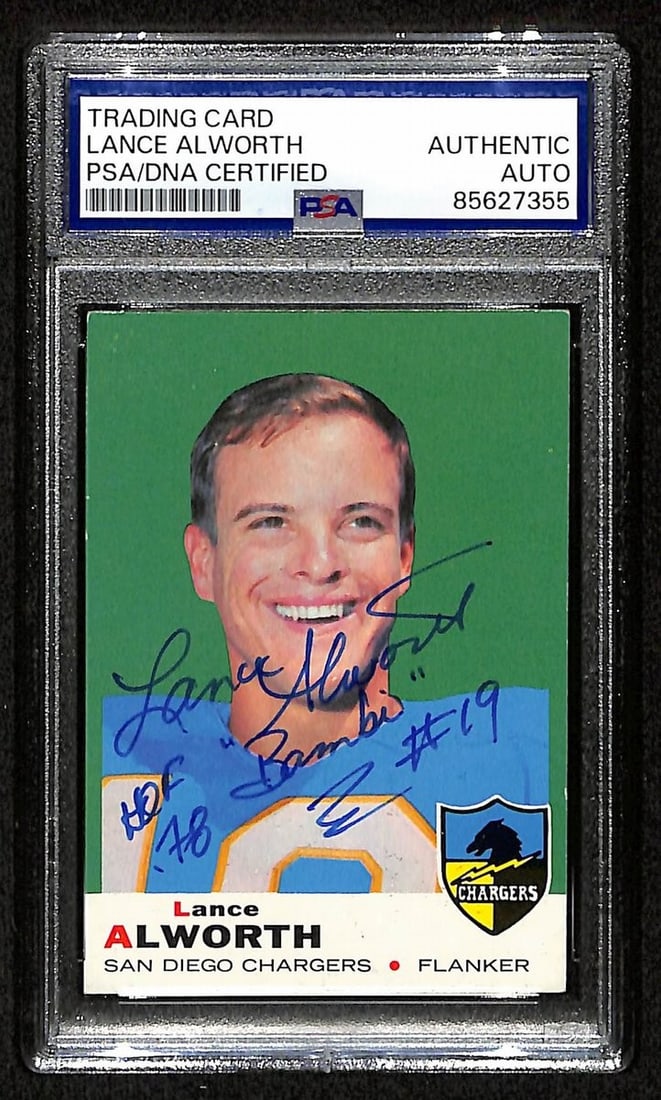 Lance Alworth HOF Signed/Inscr 1969 TOPPS Card #69 Chargers PSA/DNA 201554: Lance Alworth HOF Signed/Inscr 1969 TOPPS Card #69 Chargers PSA/DNA 201554 Original 1969 Topps card #69 of Lance Alworth, signed and inscribed, certified by PSA/DNA. Item Specifics: