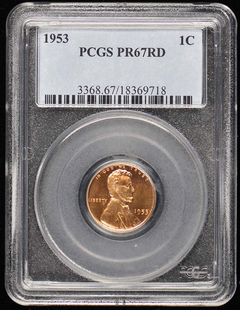 1953 1C Lincoln Cent - Type 1 Wheat Reverse PCGS PR67RD: 1953 1C Lincoln Cent - Type 1 Wheat Reverse PCGS PR67RD This 1953 1C Lincoln Cent, with a Type 1 wheat reverse, is certified by PCGS as PR67, indicating an uncirculated proof coin from the