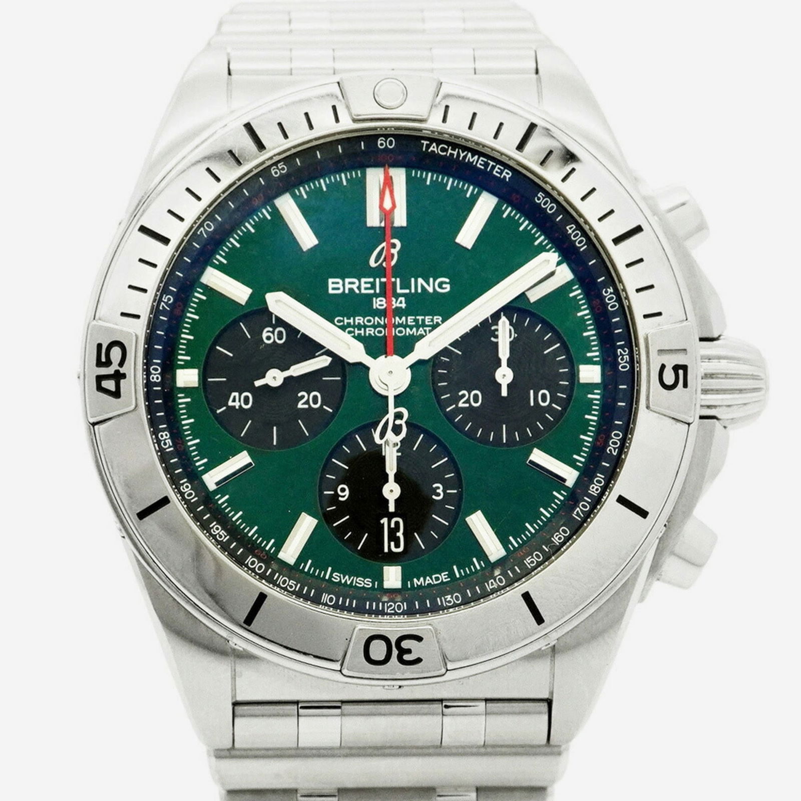 Breitling Chronomat AB0134 Green Dial: Breitling Chronomat AB0134 Green Dial The Breitling Chronomat AB0134 is a men's wristwatch featuring a green dial and stainless steel band, with a case diameter of 43mm, in good used condition with