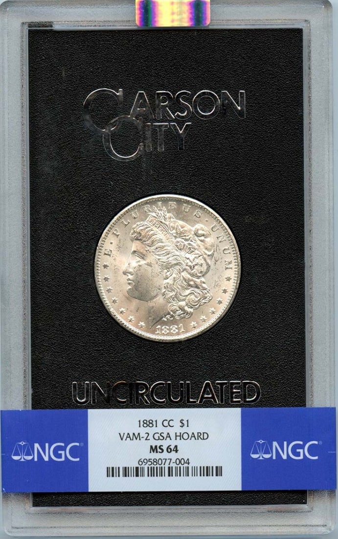 1881-CC Morgan Dollar VAM-2 GSA HOARD S$1 NGC MS64: 1881-CC Morgan Dollar VAM-2 GSA HOARD S$1 NGC MS64 The 1881-CC Morgan Dollar is certified by NGC as MS64, uncirculated, from the Carson City mint, with the certification number provided. Item