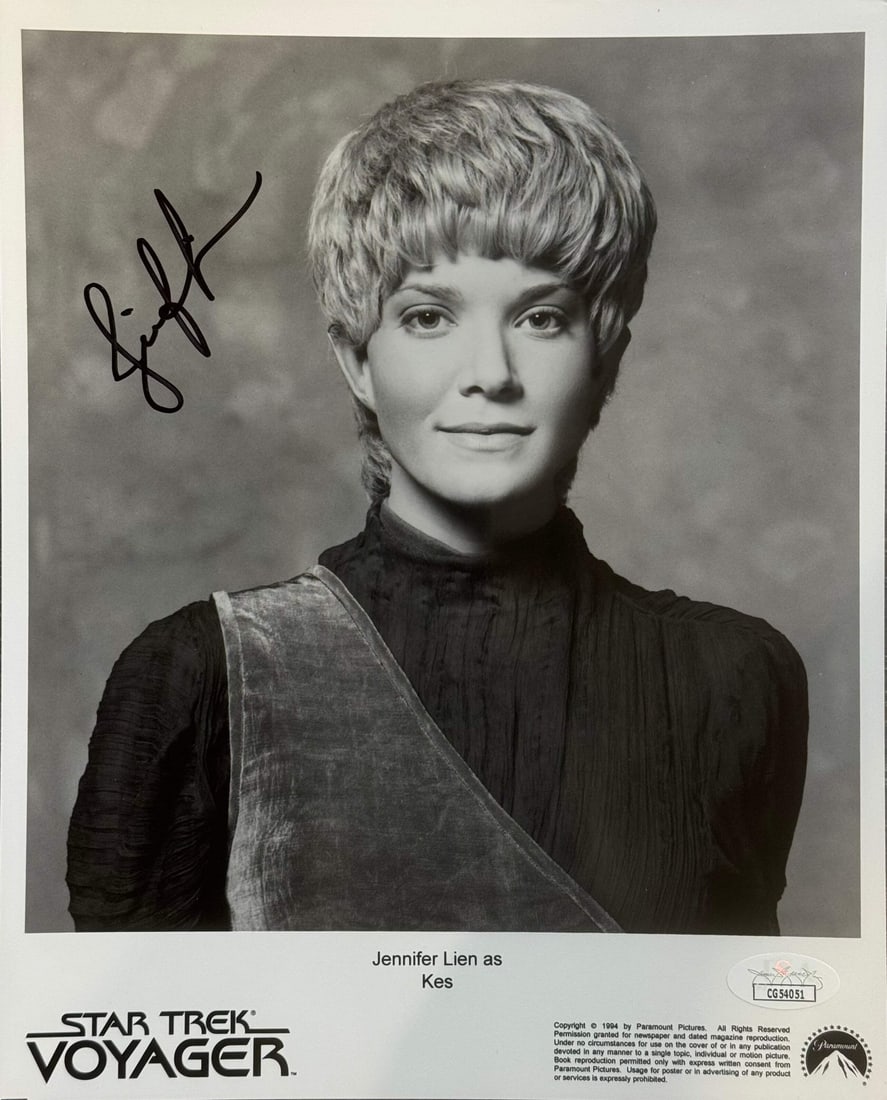 Jennifer Lien Star Trek Voyager Autographed Photo (JSA): Jennifer Lien Star Trek Voyager Autographed Photo (JSA) Autographed photo of Jennifer Lien from Star Trek Voyager, certified by James Spence Authentication (JSA) with certificate number CG54051. 
