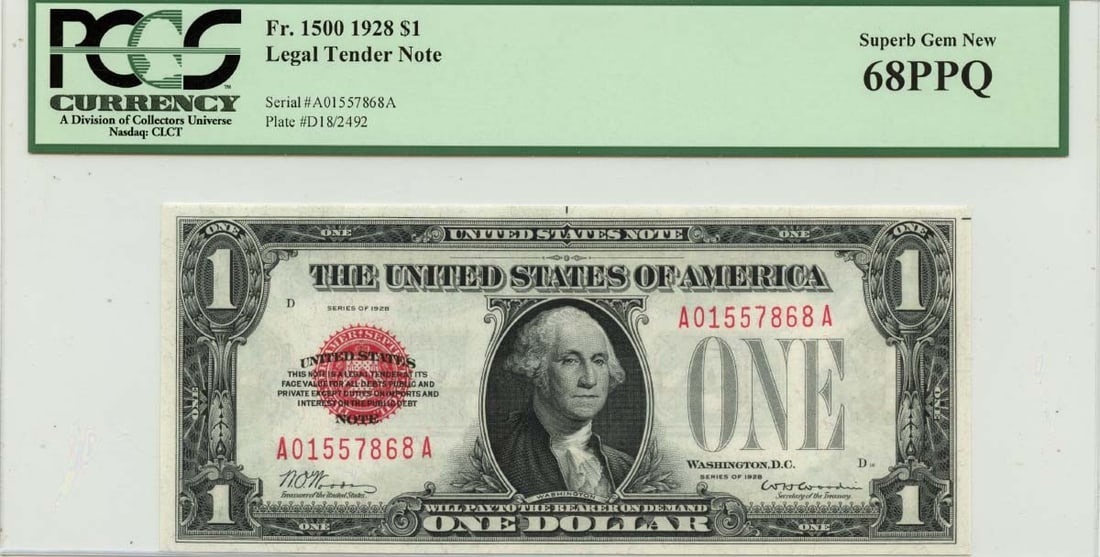 1928 $1 Legal Tender Red Fr# 1500 PCGS Currency Gem 68 EPQ: 1928 $1 Legal Tender Red Fr# 1500 PCGS Currency Gem 68 EPQ A 1928 legal tender note graded MS68 by PCGS, this uncirculated currency features the designation Fr# 1500 and has a certification number of