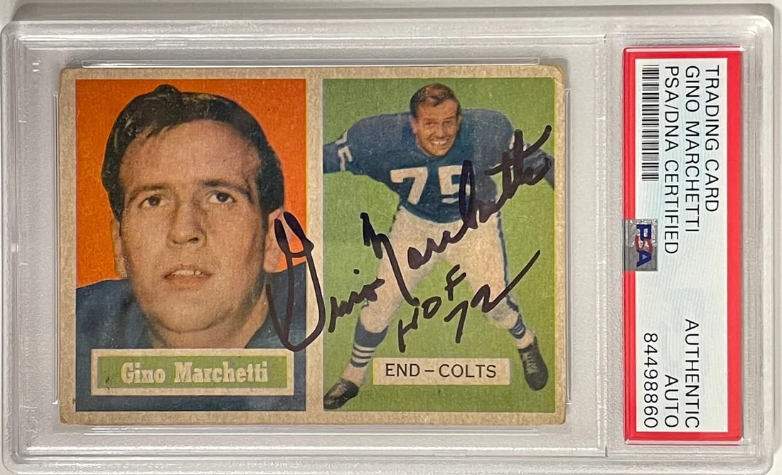Gino Marchetti autographed 1957 Topps Card #5 (PSA): Gino Marchetti autographed 1957 Topps Card #5 (PSA) Gino Marchetti autographed 1957 Topps Card #5, graded by PSA. Item Specifics: Brand: PSA Gino Marchetti autographed 1957 Topps Card #5 Product