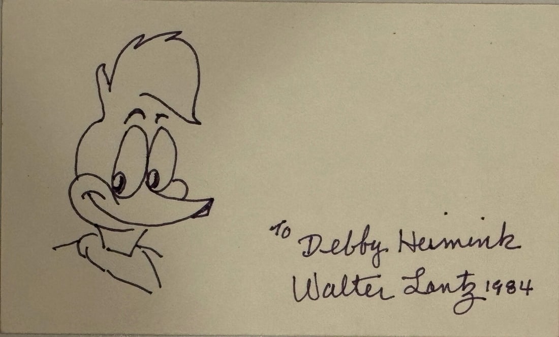 Walter Lantz signed index card "Woody Woodpecker" cartoonist autograph (JSA) (1 of 2)