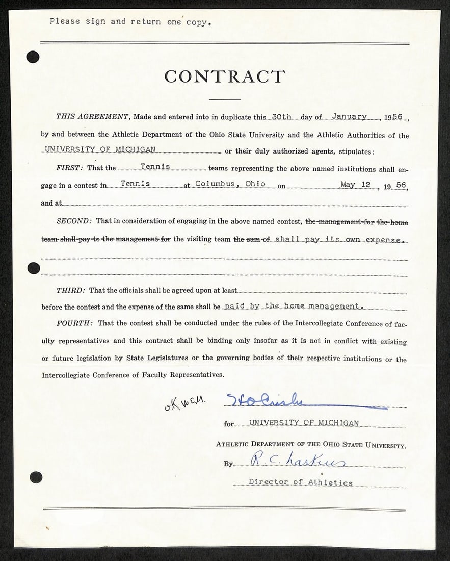 Fritz Crisler CFB HOF Signed 1956 Contract University of Michigan JSA 185594 (1 of 3)