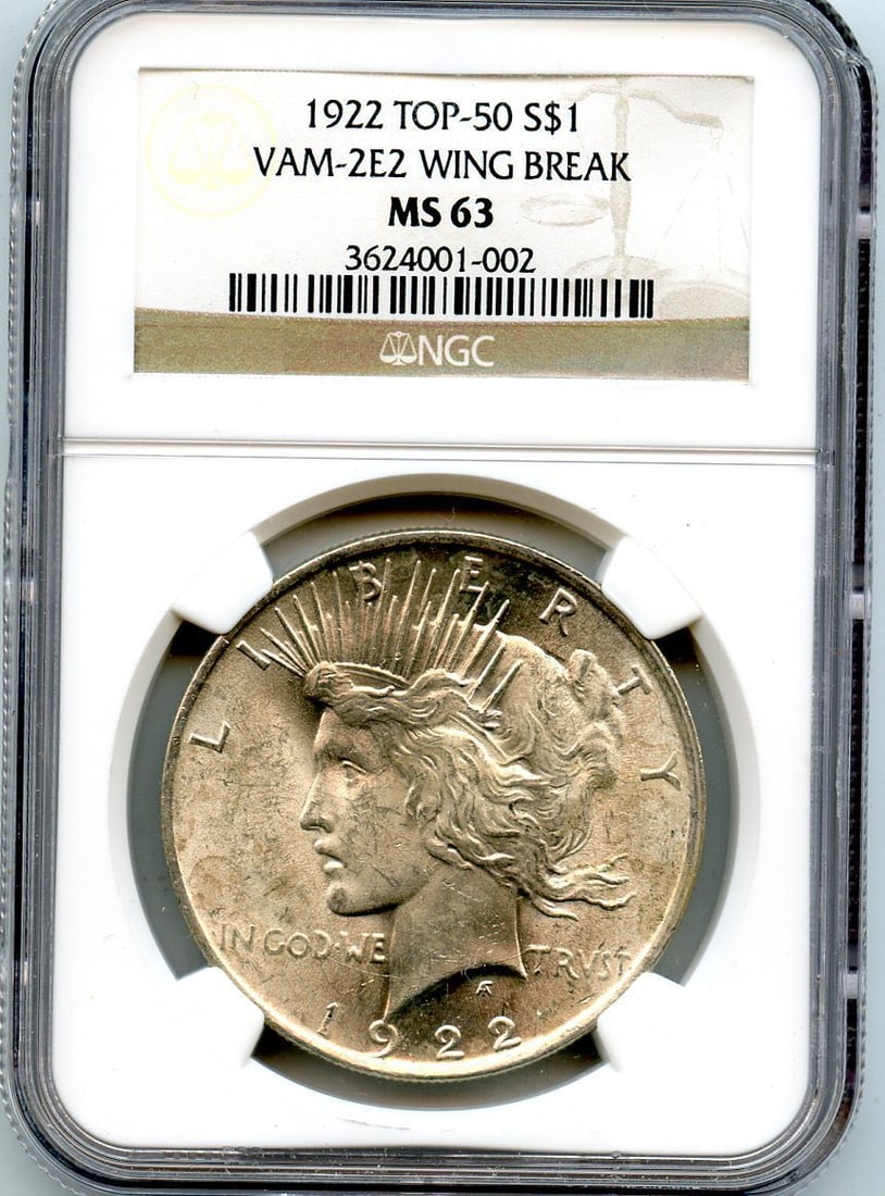 C4235- 1922 VAM-2E2 WING BREAK TOP 50 PEACE DOLLAR NGC MS63 - ONLY 4 FINER: C4235- 1922 VAM-2E2 WING BREAK TOP 50 PEACE DOLLAR NGC MS63 - ONLY 4 FINER 1922 VAM-2E2 Wing Break Peace Dollar, certified by NGC with a grade of MS63 and identified as an uncirculated coin, with only