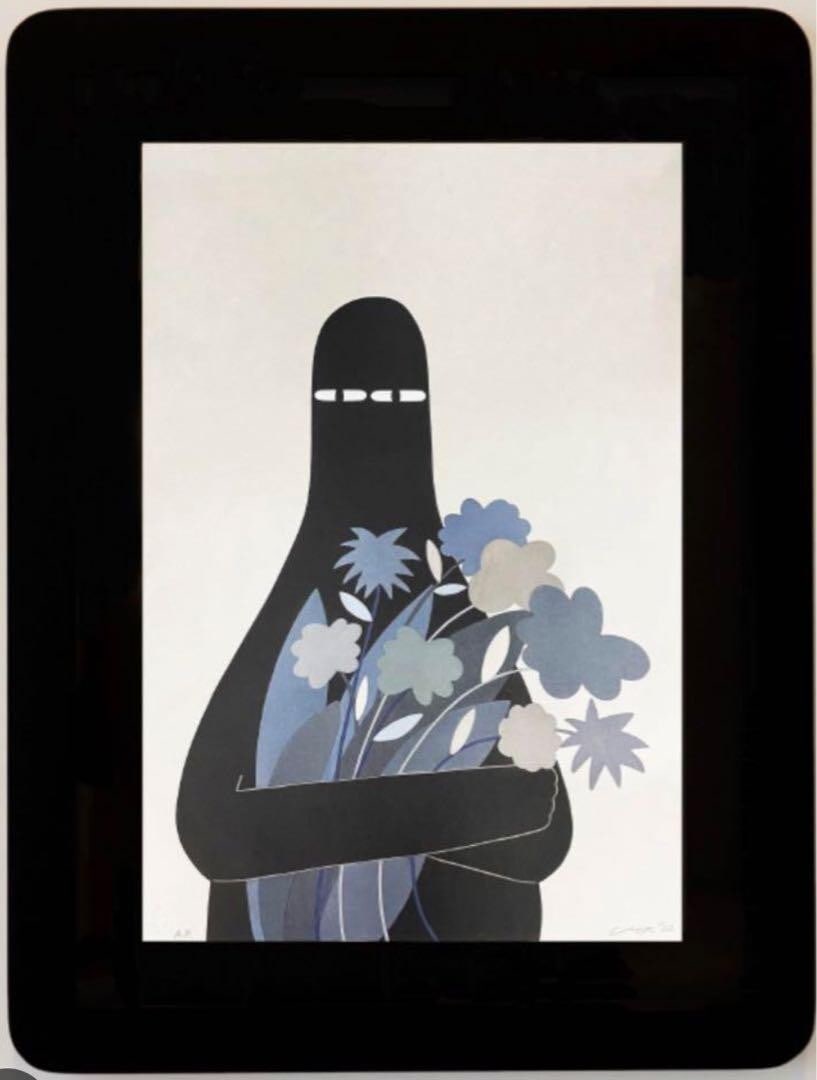 LY painter LUV with GRAY flowers Woodblock edition signed and framed: LY painter LUV with GRAY flowers Woodblock edition signed and framed Original framed print by LY painter depicting gray flowers, made with paper material, categorized as a medium-sized art piece from