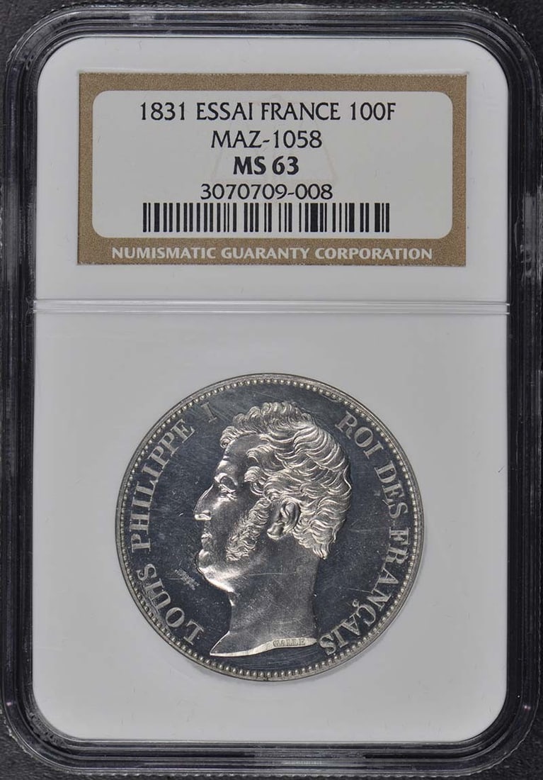 1831 France Essai 100F Maz-1058 NGC MS63: 1831 France Essai 100F Maz-1058 NGC MS63 Uncirculated 1831 France Essai 100F, certified by NGC with a grade of MS63 and certification number 3070709008. Item Specifics: Circulated/Uncirculated: