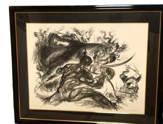 Yoshitaka Amano "Legend" Lithograph Edition Autographed Framed 5/19: Yoshitaka Amano "Legend" Lithograph Edition Autographed Framed 5/19 Original lithograph print titled 'Legend' by Yoshitaka Amano, size medium, framed, and autographed, created in Japan. Item