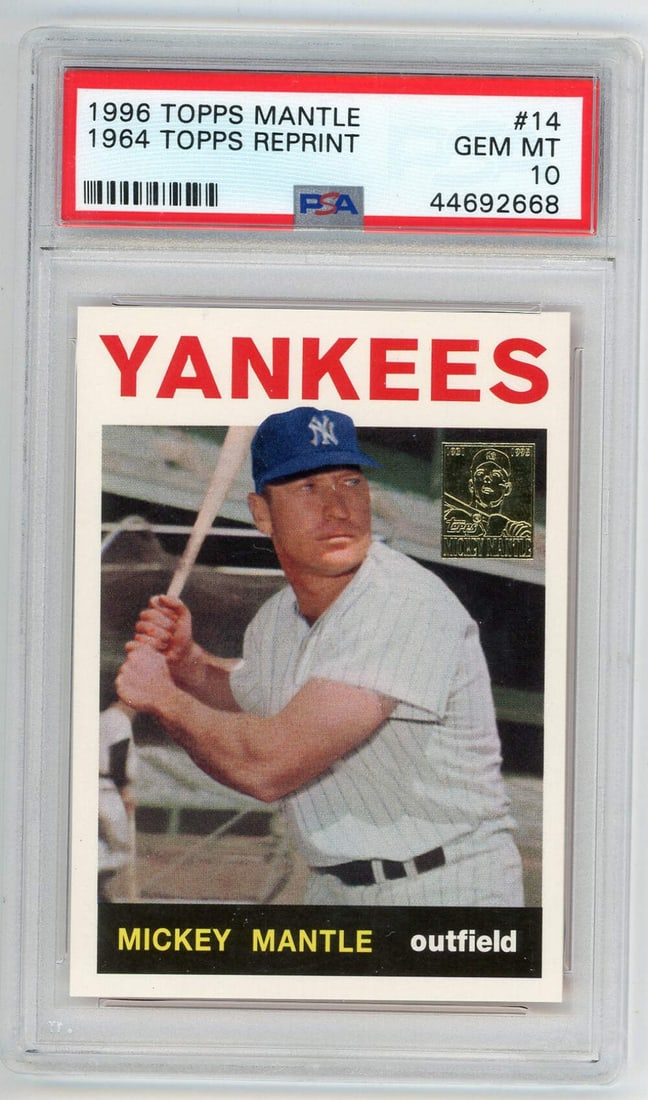 Mickey Mantle 1996 Topps Reprint #14 PSA 10: Mickey Mantle 1996 Topps Reprint #14 PSA 10 1996 Topps Reprint card #14 of Mickey Mantle, graded PSA 10. Item Specifics: Brand: Topps Mickey Mantle 1996 Topps Reprint #14 PSA 10 Product Disclaimer: