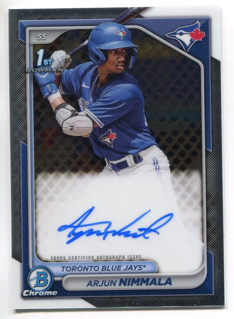 Arjun Nimmala 2024 1st Bowman Chrome Prospect Auto Rookie Card CPA-AN: Arjun Nimmala 2024 1st Bowman Chrome Prospect Auto Rookie Card CPA-AN 2024 1st Bowman Chrome Prospect Auto Rookie Card of Arjun Nimmala, branded by Topps. Item Specifics: Brand: Topps Arjun Nimmala
