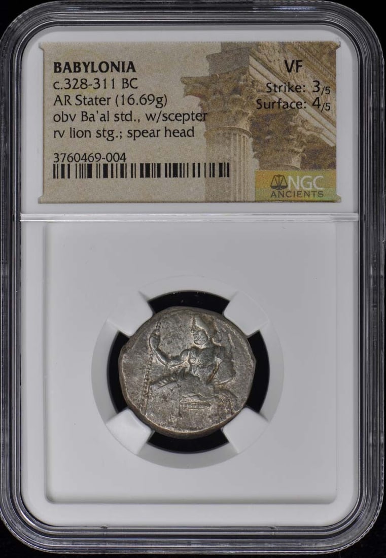 c.328-311 BC BABYLONIA AR Stater NGC VF20: c.328-311 BC BABYLONIA AR Stater NGC VF20 c.328-311 BC Babylonian AR Stater, graded NGC VF20, with certification number 3760469004. Item Specifics: Certification: NGC Certification Number: