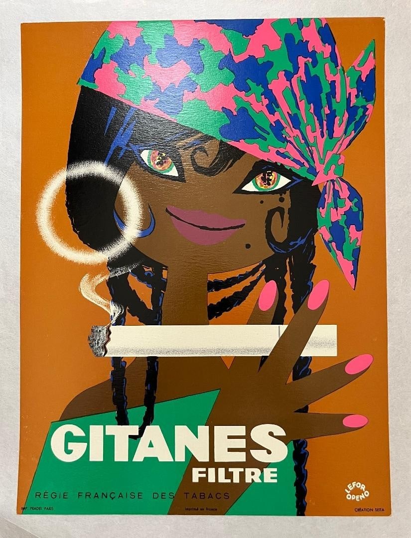 1960s Gitanes Filtre Poster by Lefor Openo French Tobacco Ad Vibrant Pop Art: 1960s Gitanes Filtre Poster by Lefor Openo French Tobacco Ad Vibrant Pop Art This 1960s Gitanes Filtre poster by Lefor Openo is an original medium-sized print advertising cigarettes, featuring Art Dec
