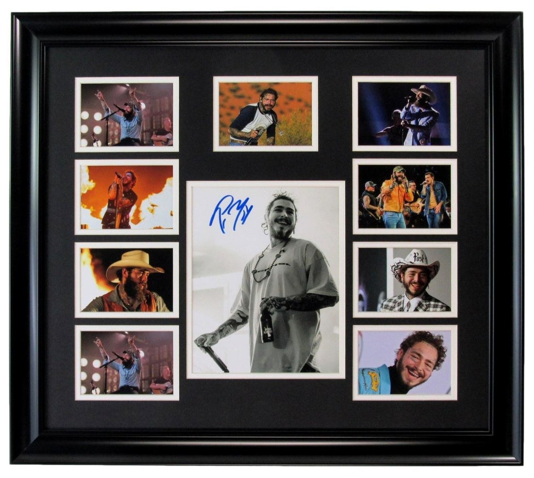 Post Malone Signed/Autographed 8x10 Photo with Collage Framed Beckett 201618: Post Malone Signed/Autographed 8x10 Photo with Collage Framed Beckett 201618 Post Malone signed 8x10 photo collage framed, original artwork from the music industry, authenticated by Beckett with
