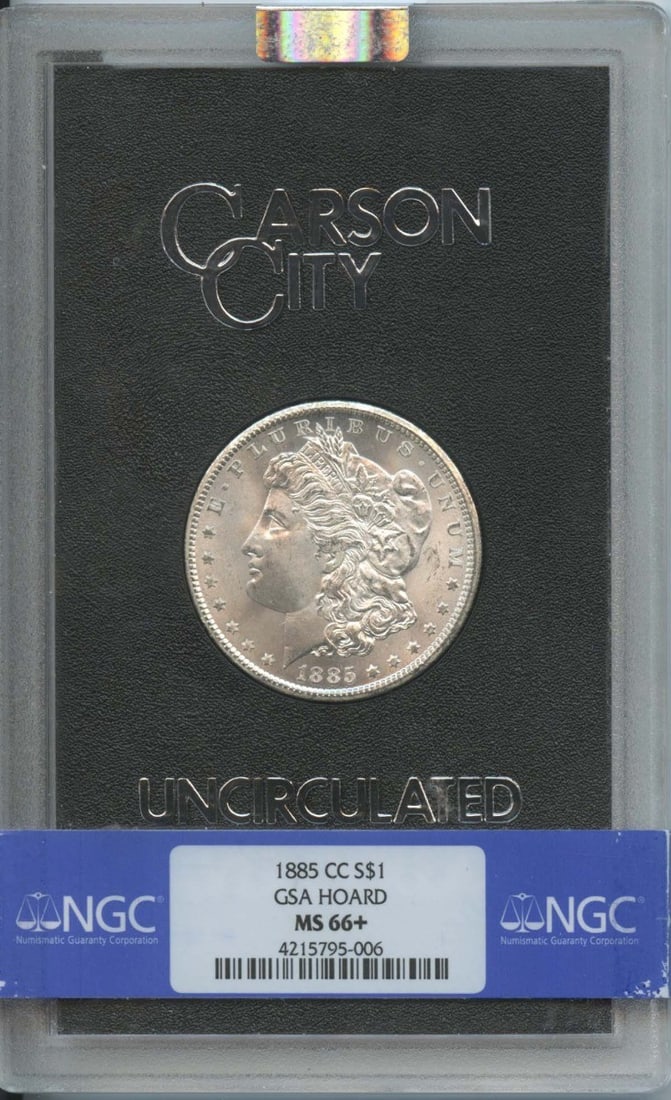 1885-CC Morgan Dollar GSA HOARD S$1 NGC MS66+: 1885-CC Morgan Dollar GSA HOARD S$1 NGC MS66+ 1885-CC Morgan Dollar, graded MS66+ and certified by NGC (Certification Number: 4215795006), in uncirculated condition from Carson City. Item Specifics: