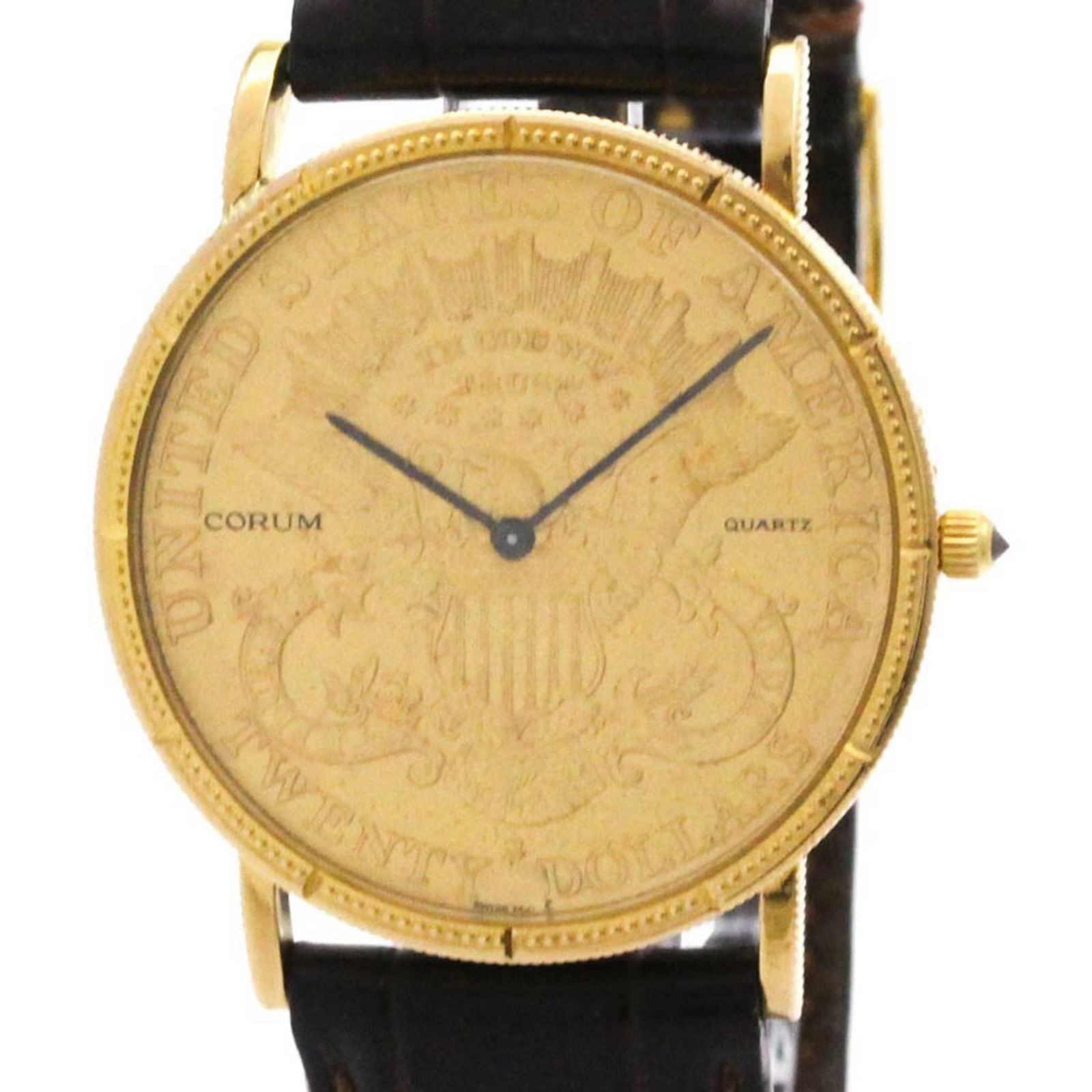CORUM Coin Watch $20 18K Gold Leather Quartz: CORUM Coin Watch $20 18K Gold Leather Quartz Corum $20 wristwatch made of 18K yellow gold with a leather band, measuring 35mm; used condition with minor scratches. Item Specifics: Brand: Corum Type: