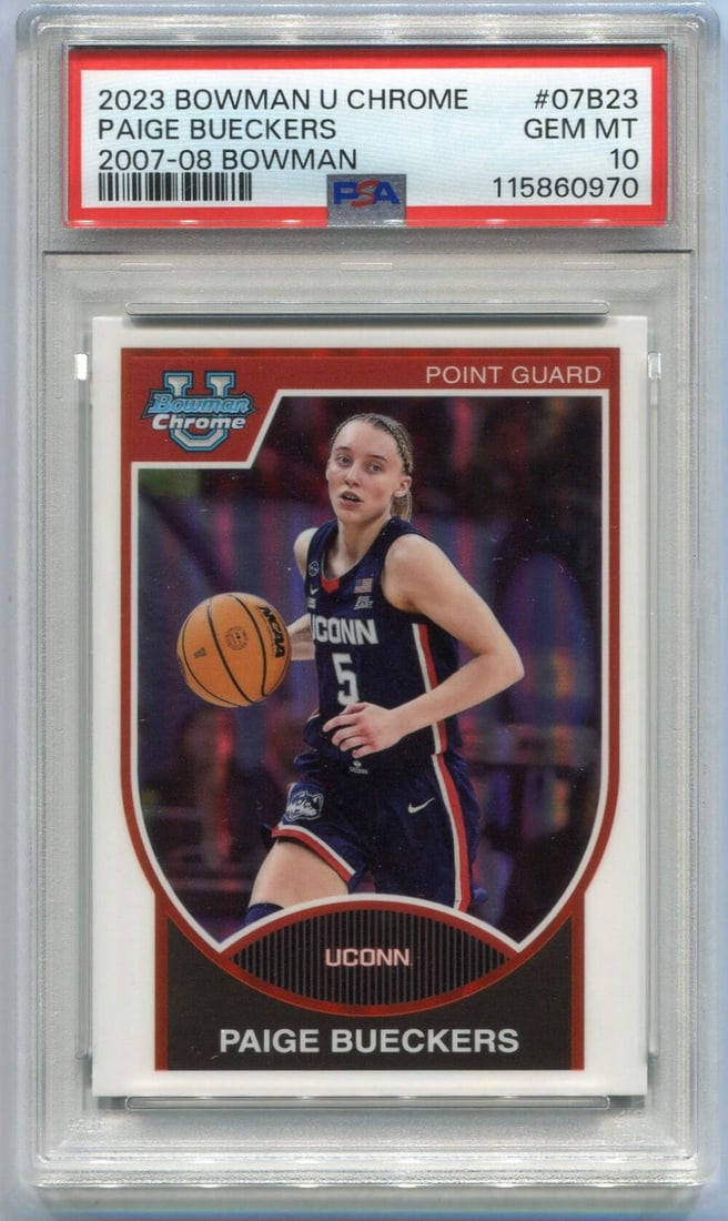 Paige Bueckers 2023 Bowman U Chrome 2007-08 Bowman RC #07B-23 PSA Graded 10: Paige Bueckers 2023 Bowman U Chrome 2007-08 Bowman RC #07B-23 PSA Graded 10 2023 Bowman U Chrome card of Paige Bueckers, graded PSA 10 (#07B-23), packaged and shipped from Dania Beach, Florida. Item