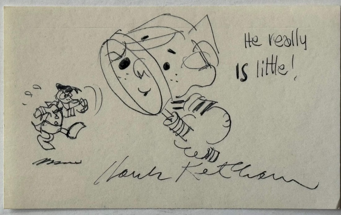Hank Ketcham signed 3x5 index "Dennis The Menace "signed cartoonist autograph (J: Hank Ketcham signed 3x5 index "Dennis The Menace "signed cartoonist autograph (J Hank Ketcham signed 3x5 index card featuring a sketch of 'Dennis The Menace' in black ink, authenticated by James