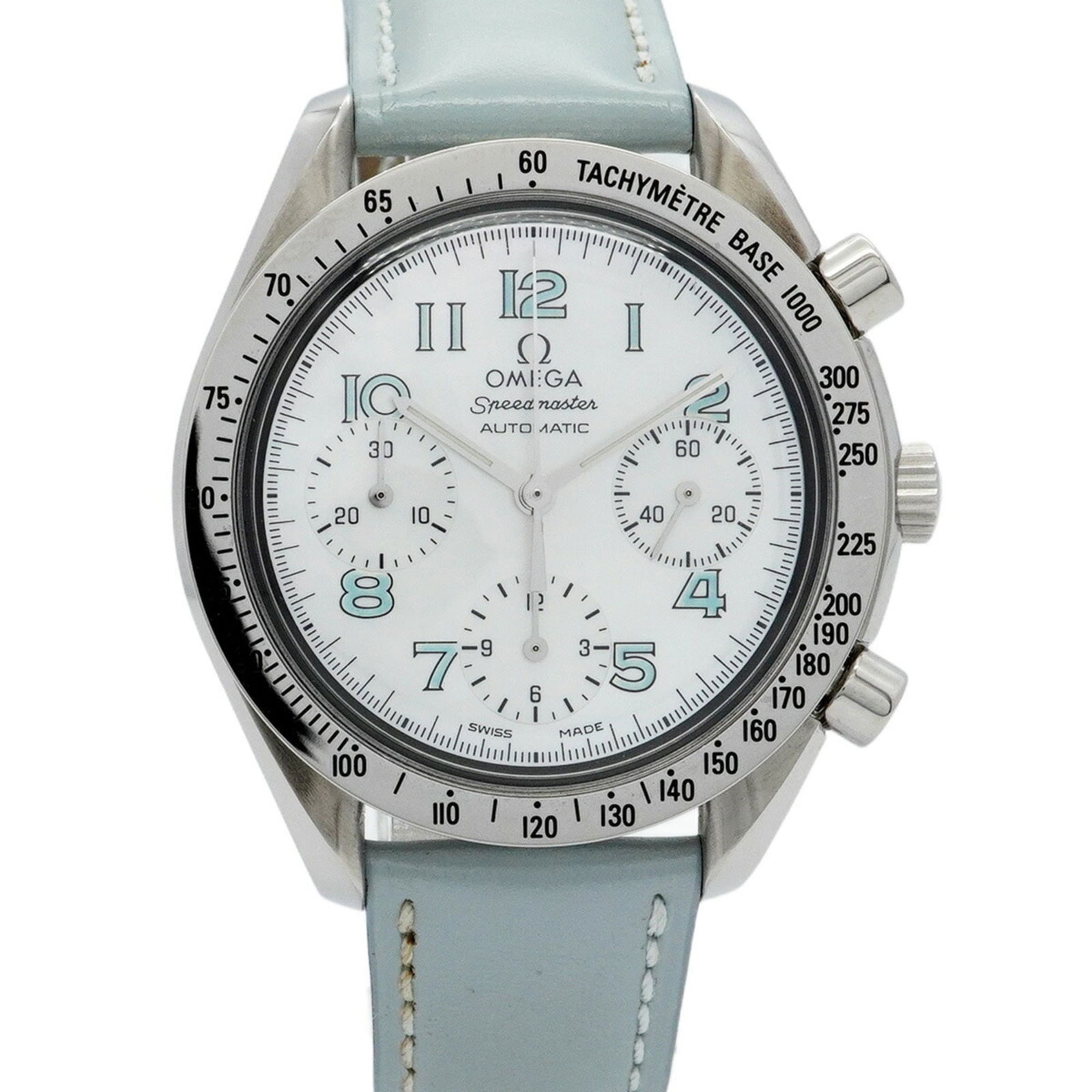 Omega Speedmaster 3802.71.53 White Dial: Omega Speedmaster 3802.71.53 White Dial Omega Speedmaster wristwatch for men with a white dial, leather band, 38.4mm case diameter, and used condition showing some traces of wear. Item Specifics: