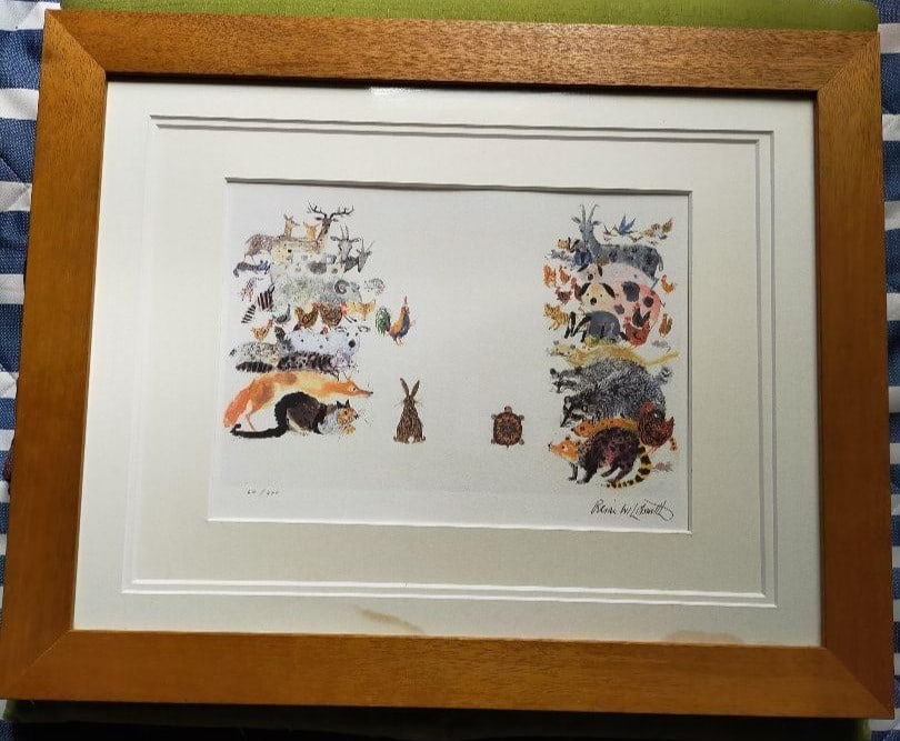 Brian Wildsmith Signed Giclee Print "The Tortoise and the Hare" childrens book: Brian Wildsmith Signed Giclee Print "The Tortoise and the Hare" childrens book Framed giclee print of 'The Tortoise and the Hare' by Brian Wildsmith, signed by the artist, original, and medium-sized.