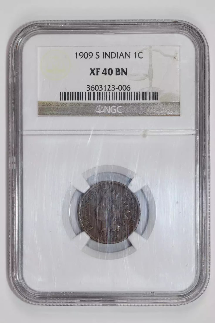 1909-S INDIAN HEAD CENT NGC XF40 BN: 1909-S INDIAN HEAD CENT NGC XF40 BN 1909-S Indian Head Cent graded XF40 by NGC, circulated condition, made of copper, from the San Francisco mint. Item Specifics: Country Of Origin: USA