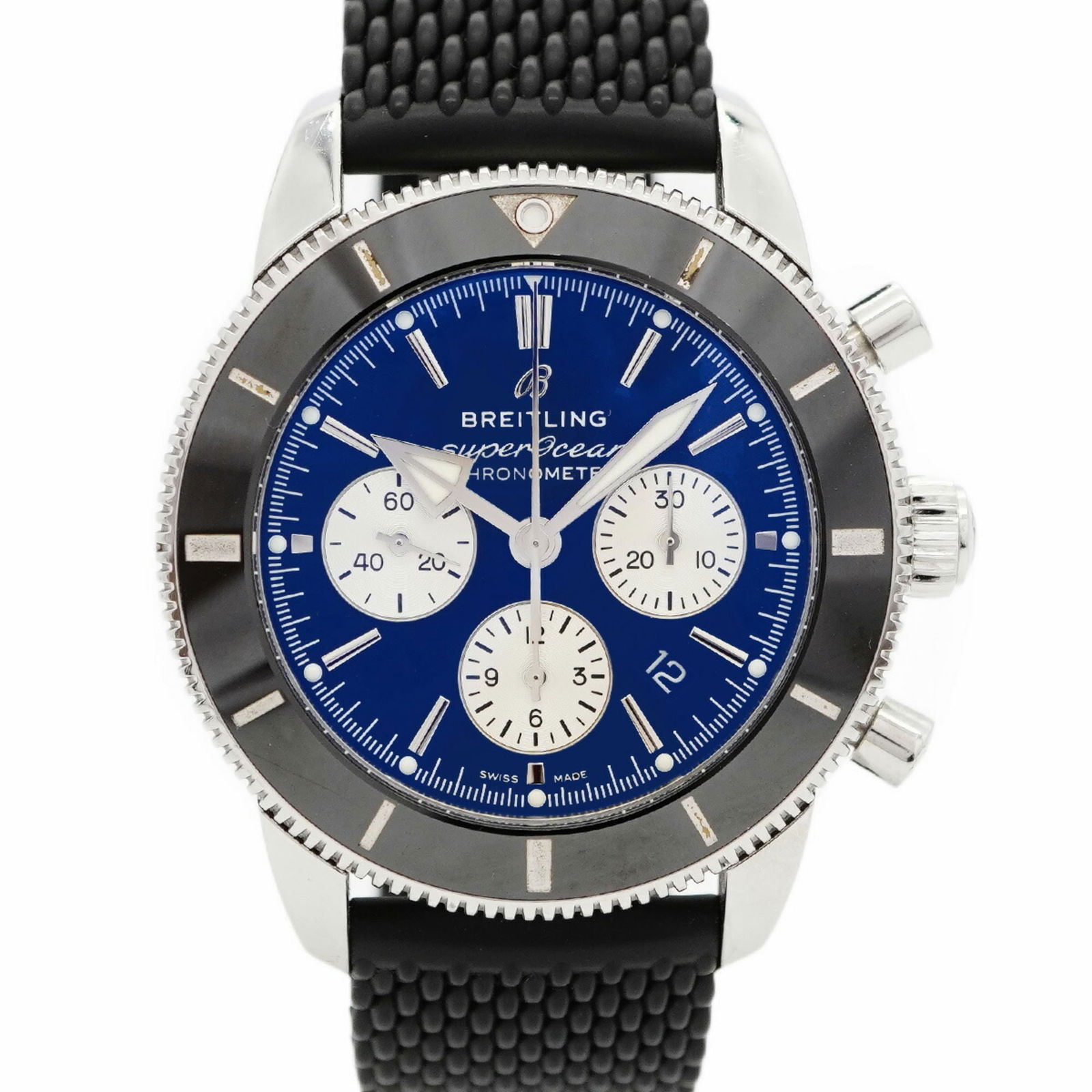 Breitling Superocean AB0162 Black Dial: Breitling Superocean AB0162 Black Dial Breitling Superocean wristwatch for men with a black dial, rubber band, 44mm case diameter, and used condition with some wear. Item Specifics: Brand: Breitling