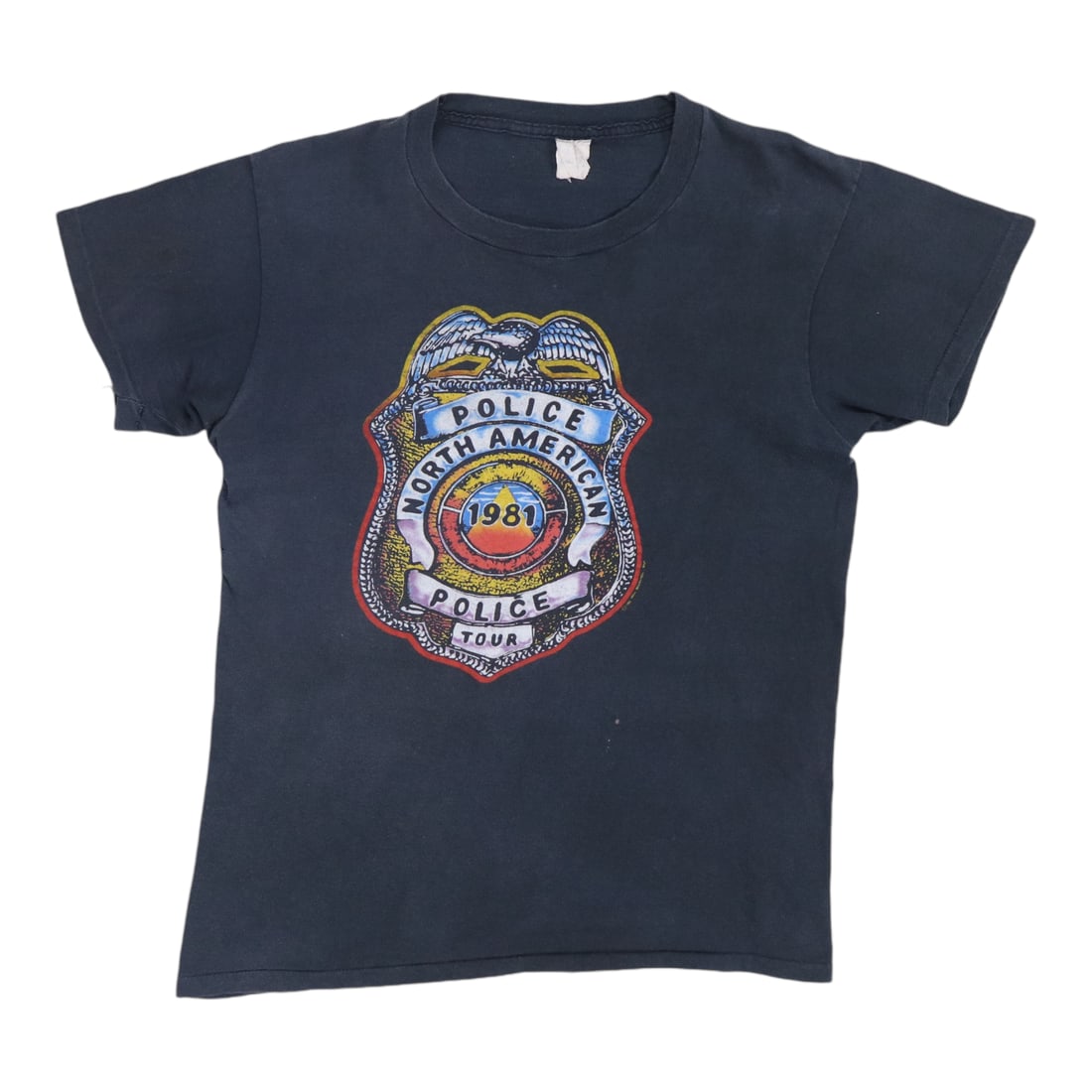 1981 The Police North American Tour Shirt: 1981 The Police North American Tour Shirt This original vintage 1981 The Police North American Tour shirt, made from 100% cotton, is in worn condition with some holes, measuring 18 inches pit to pit