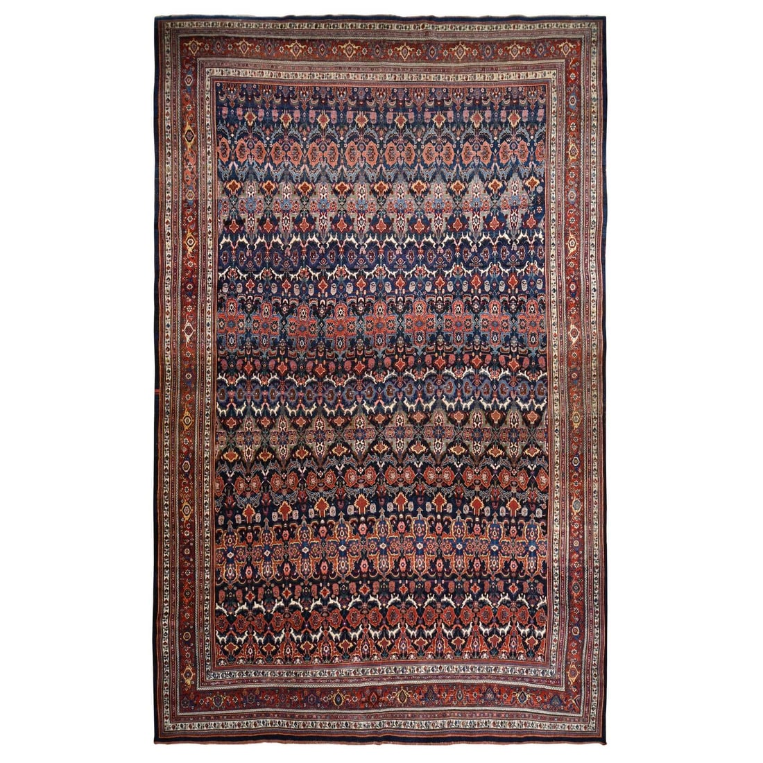 Rug 12'6"x20'1" Blue Antique Zoroastrian All Wool Hand Knotted Oversized: Rug 12'6"x20'1" Blue Antique Zoroastrian All Wool Hand Knotted Oversized This oversized Zoroastrian rug, measuring 12'6" x 20'1", features a hand-knotted wool construction in blue with red borders, da