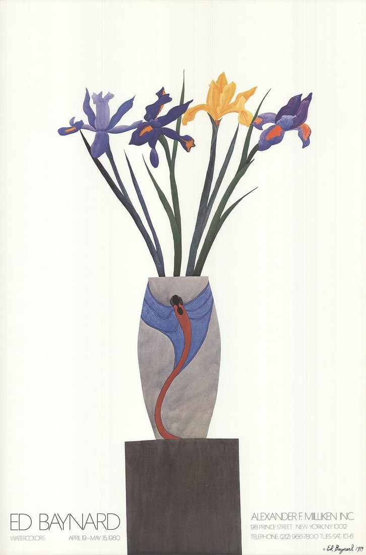 ED BAYNARD 1980 Contemporary Poster Flowers in Vase on Black Stand 37.75" x 25": ED BAYNARD 1980 Contemporary Poster Flowers in Vase on Black Stand 37.75" x 25" Ed Baynard's 1980 offset lithograph titled 'Flowers in Vase on Black Stand' measures 37.75 x 25 inches and is in mint co