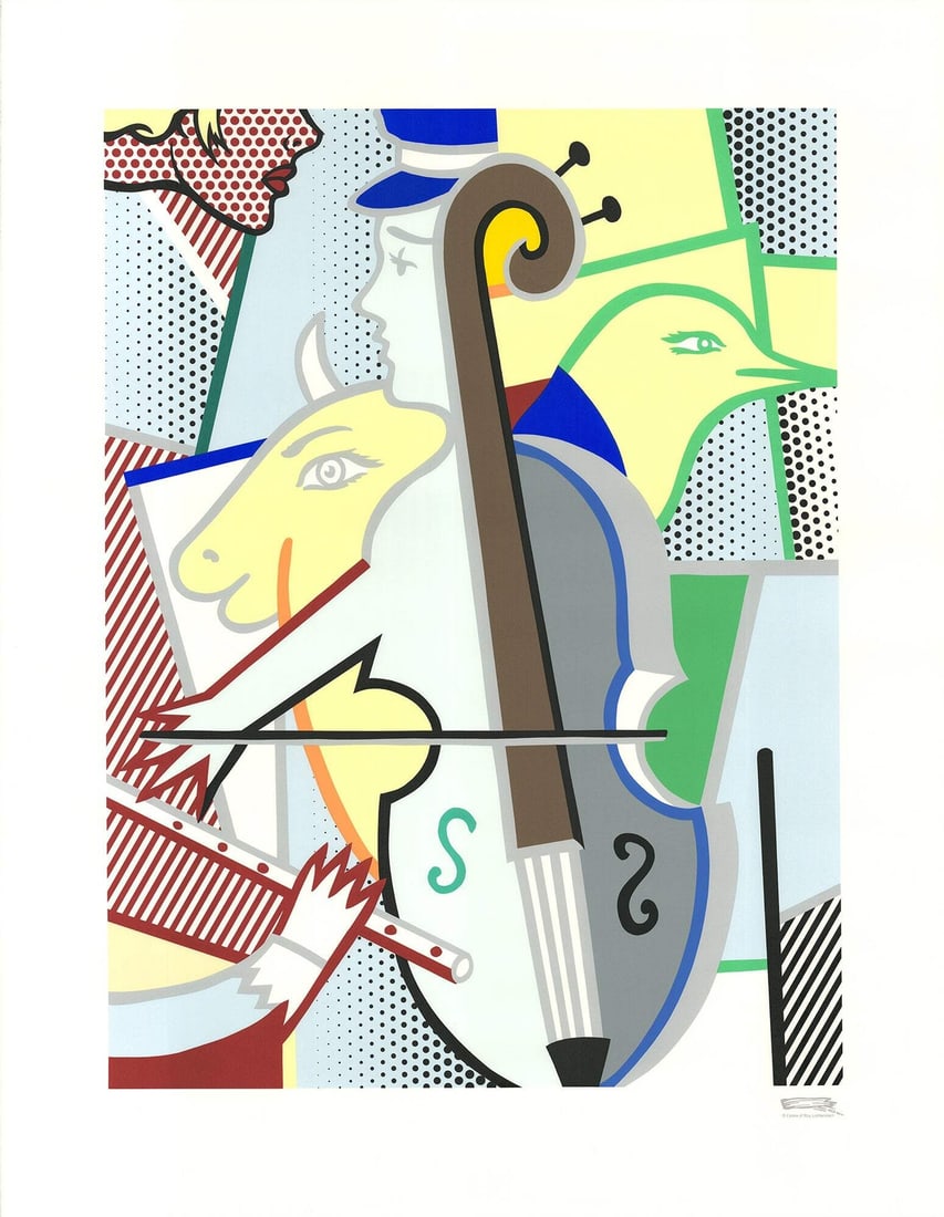ROY LICHTENSTEIN 1997 Pop Art Cubist Cello Serigraph 51" x 39.5": ROY LICHTENSTEIN 1997 Pop Art Cubist Cello Serigraph 51" x 39.5" Roy Lichtenstein's 1997 serigraph 'Cubist Cello' is a pop art piece measuring 51 x 39.5 inches and is in mint condition. This work is u