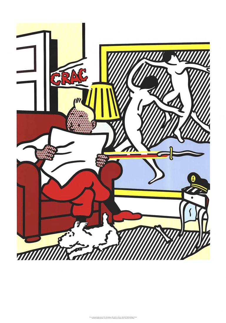 ROY LICHTENSTEIN Tintin Reading Poster 39" x 27.5" 1995 Pop Art: ROY LICHTENSTEIN Tintin Reading Poster 39" x 27.5" 1995 Pop Art This 1995 Roy Lichtenstein Tintin Reading offset lithograph poster measures 39" x 27.5" and is in mint condition, produced without a sig
