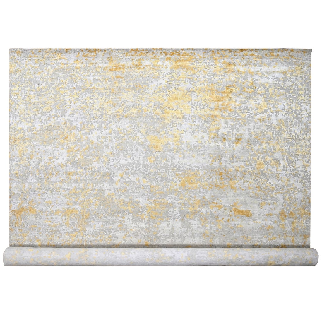 Oversized Rug 12'x14'9" Beige Abstract Design Wool and Silk Hand Knotted: Oversized Rug 12'x14'9" Beige Abstract Design Wool and Silk Hand Knotted This oversized hand-knotted rug features an abstract design in beige, measuring 12' x 14'9" (366 cm x 450 cm), and is modern vi