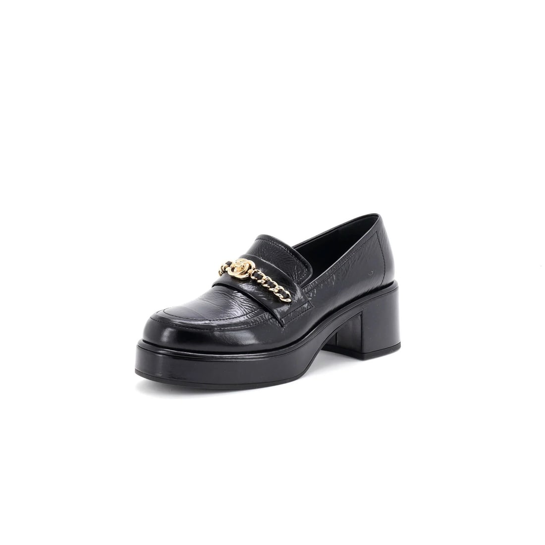 Chanel Women's Leather CC Turnlock Chain Mocassin Loafers: Chanel Women's Leather CC Turnlock Chain Mocassin Loafers Chanel Women's CC Turnlock Chain Mocassin Loafers, size US 7 (IT 37), are made of black leather with gold hardware. They are in great conditio