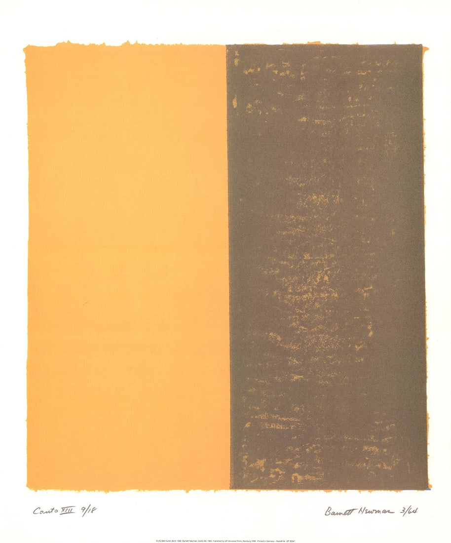 Canto XIII Poster 1998 Minimalism Yellow Brown 23.5" x 19.5" BARNETT NEWMAN: Canto XIII Poster 1998 Minimalism Yellow Brown 23.5" x 19.5" BARNETT NEWMAN This 1998 offset lithograph titled 'Canto XIII' by Barnett Newman measures 23.5" x 19.5" and is in mint condition, unsigned,