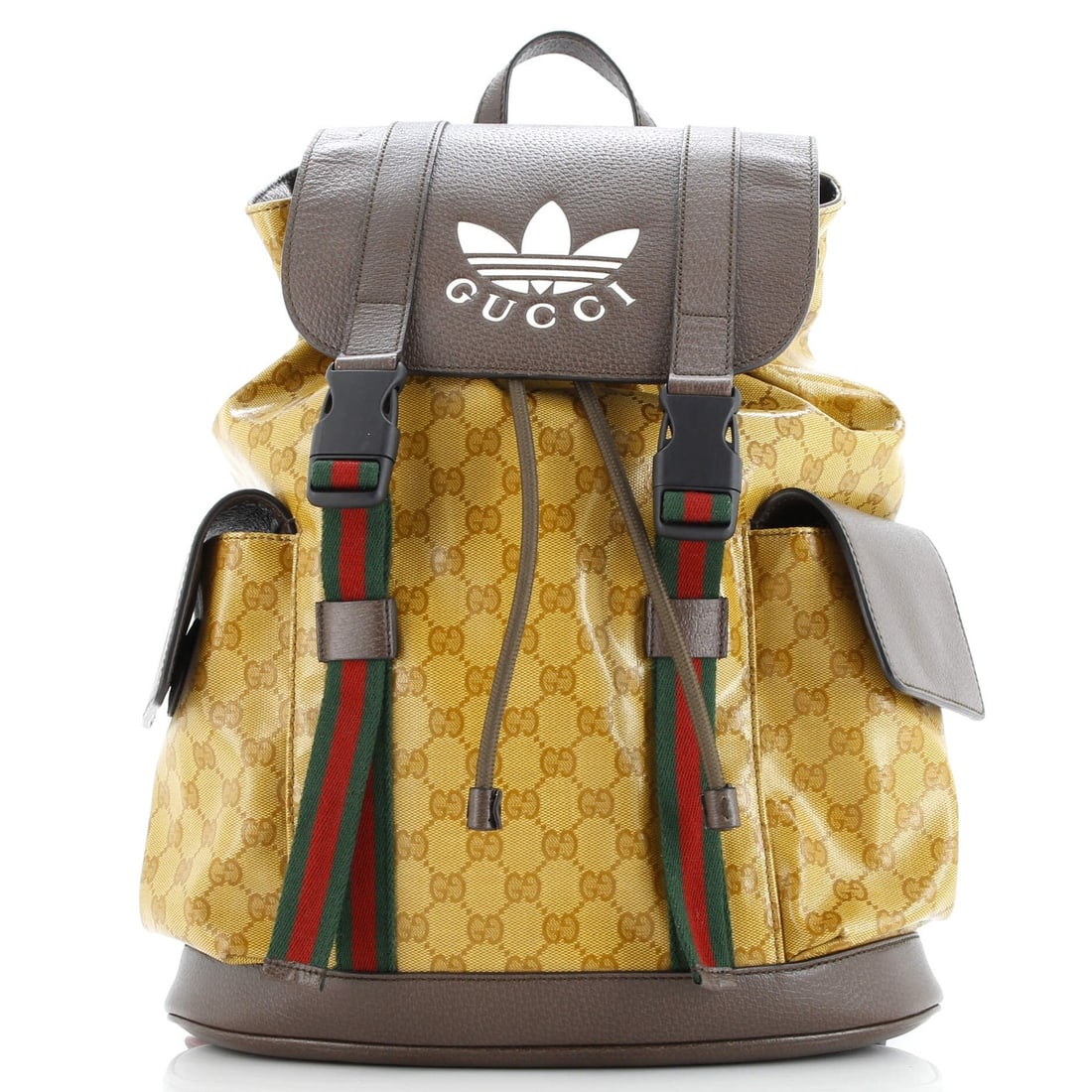 Gucci x adidas Medium Double Pocket Buckle Backpack GG Coated Canvas: Gucci x adidas Medium Double Pocket Buckle Backpack GG Coated Canvas The Gucci x adidas Medium Double Pocket Buckle Backpack is made of GG coated canvas in brown, measuring 16.5" in height, 13" in wid