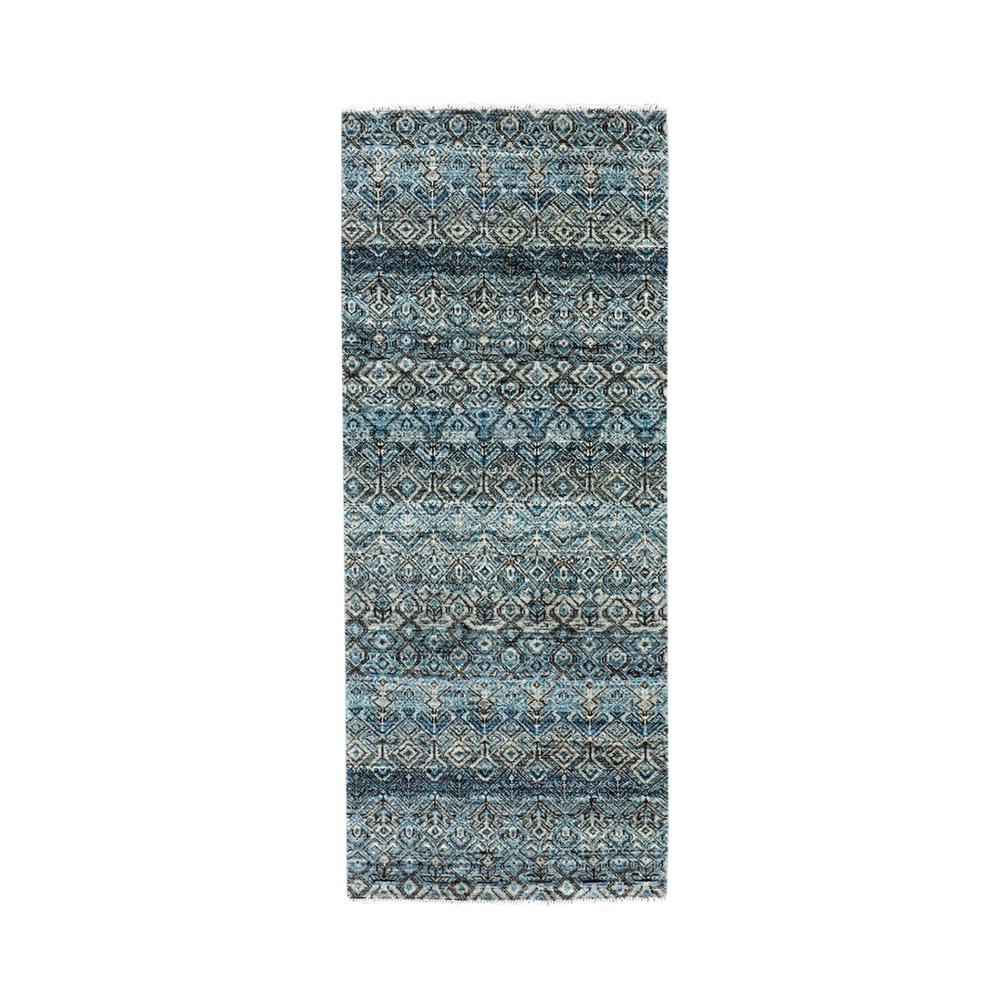 Rug 2'6"x6'2" Blue Hand Knotted Kohinoor Herrita Design 100% Wool Runner: Rug 2'6"x6'2" Blue Hand Knotted Kohinoor Herrita Design 100% Wool Runner Hand knotted Herrita design rug measuring 2'6" x 6'2" made of 100% wool in blue, featuring a cotton foundation and an Oriental