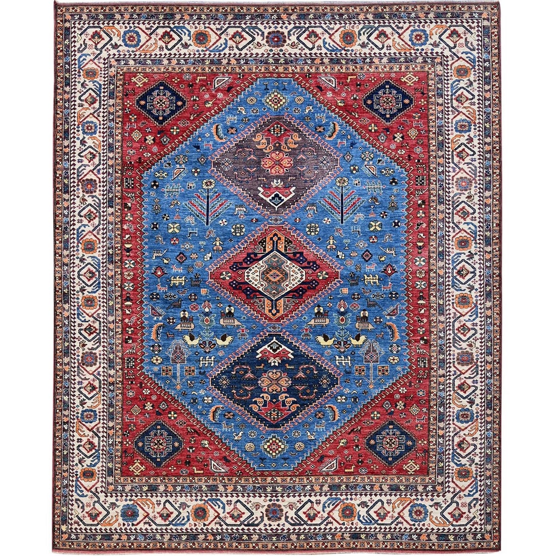 Blue Afghan Caucasian Design 9'3"x11'7" Hand Knotted Soft Wool Rug (1 of 12)
