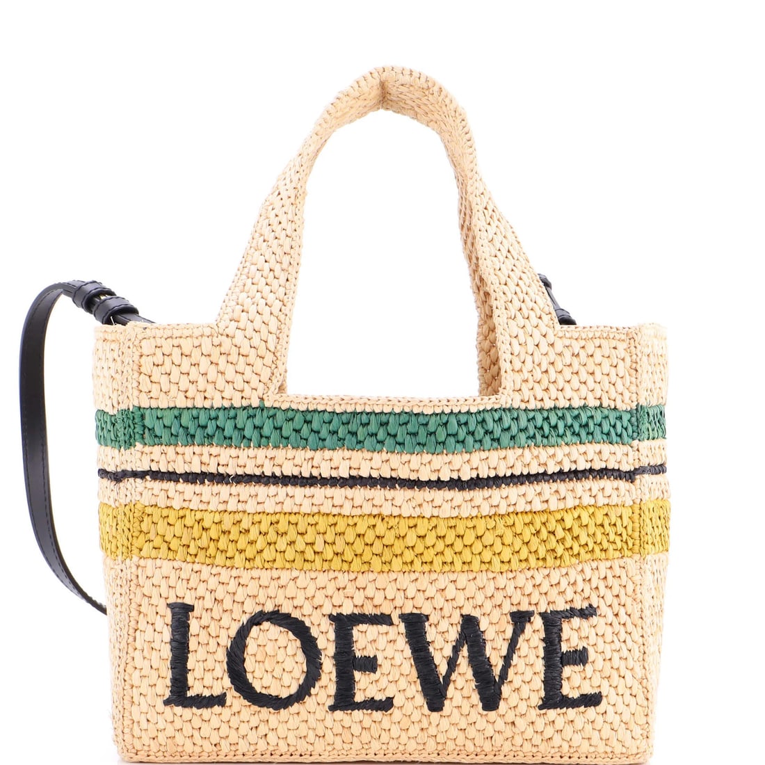 Loewe Paula's Ibiza Small Logo Convertible Tote in Raffia: Loewe Paula's Ibiza Small Logo Convertible Tote in Raffia The Loewe Paula's Ibiza Small Logo Convertible Tote is made from neutral-toned raffia, measuring 7.5" in height, 9" in width, and 4" in depth,