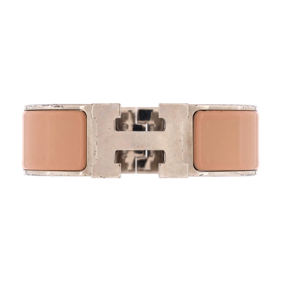 Hermes Wide Clic H Bracelet Enamel: Hermes Wide Clic H Bracelet Enamel Hermes Wide Clic H Bracelet in enamel, measuring 7" circumference and 20" width, in good condition with heavy scratches and moderate tarnish. Item Specifics: Brand: