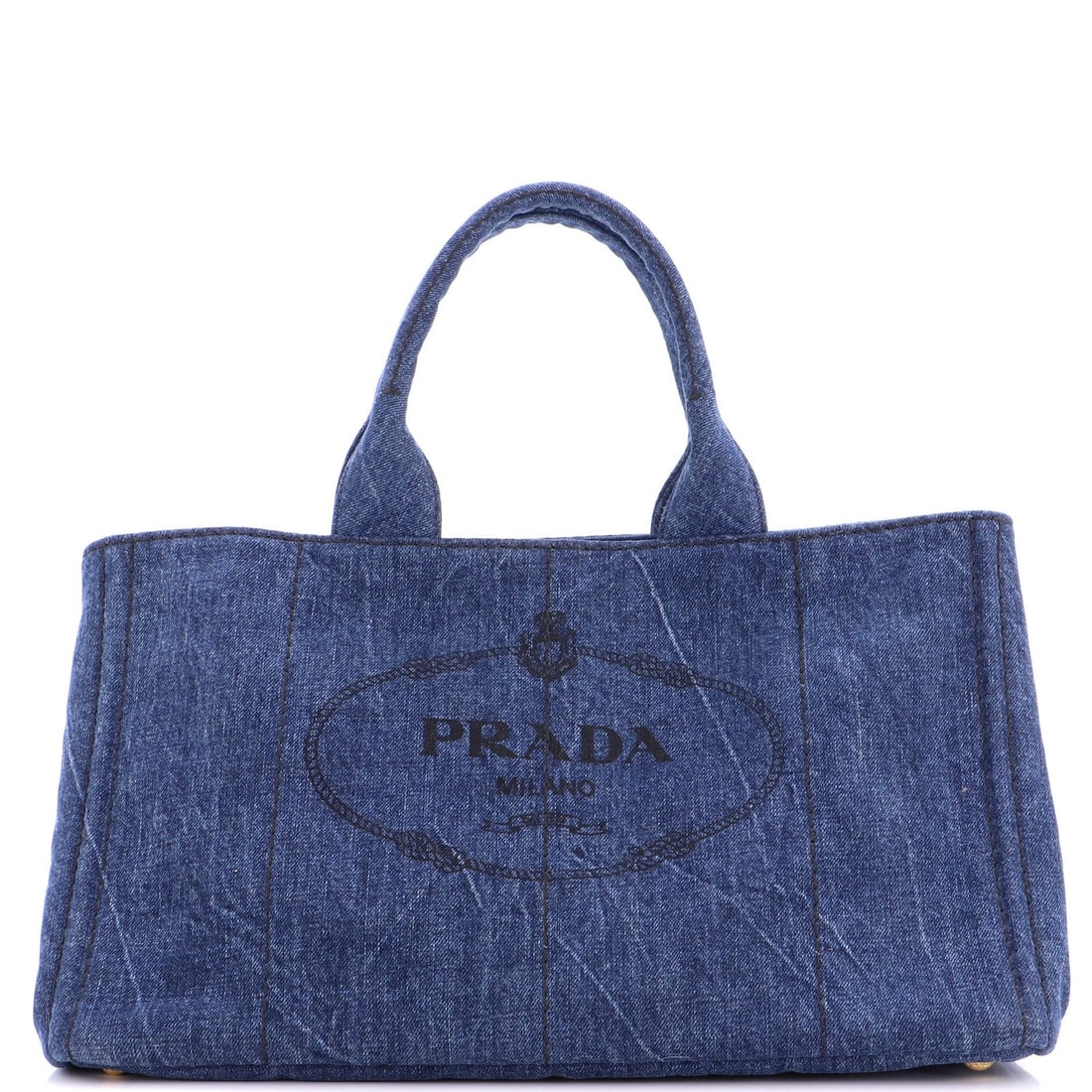 Prada Large Denim Canapa Tote: Prada Large Denim Canapa Tote Prada large denim Canapa tote, featuring blue denim exterior and interior, measuring 10" x 15" x 10"; in very good condition with minor wear. Item Specifics: Brand: Prada