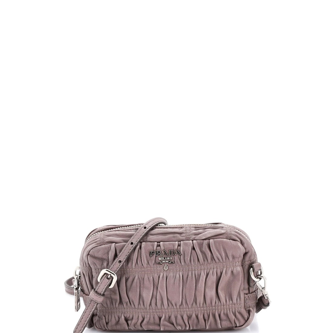 Mini Nappa Gaufre Camera Bag Prada: Mini Nappa Gaufre Camera Bag Prada Prada mini Nappa Gaufre camera bag in gray leather, with fabric interior, measurements of 4" height, 6.5" width, and 22" strap drop; condition is very good with some