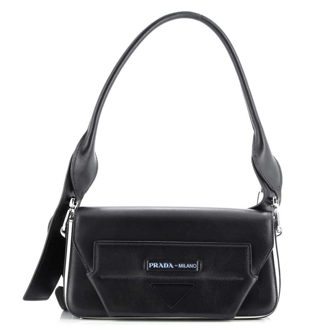 Prada Manuelle Medium Shoulder Bag, City Calf: Prada Manuelle Medium Shoulder Bag, City Calf The Prada Manuelle Medium Shoulder Bag is made of black leather with an estimated retail price of $2,850, featuring significant wear and accompanying extr
