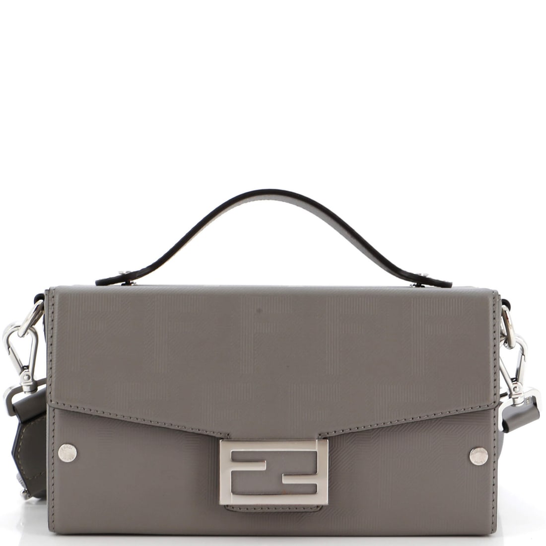 Zucca Leather Fendi Baguette Soft Trunk Bag: Zucca Leather Fendi Baguette Soft Trunk Bag Fendi's Baguette Soft Trunk Bag, made of gray leather, features a crossbody style with dimensions of 4.5 x 8.5 x 2.5 inches and a strap drop ranging from 18