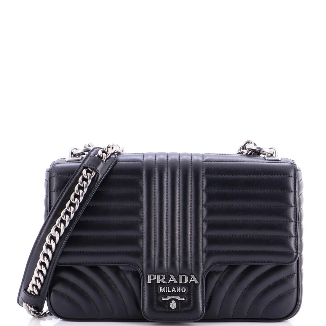 Prada Large Chain Flap Shoulder Bag Diagramme Quilted Leather: Prada Large Chain Flap Shoulder Bag Diagramme Quilted Leather The Prada Large Chain Flap Shoulder Bag, made of black quilted leather, features a spacious interior and measures 7 x 10.5 x 3 inches with
