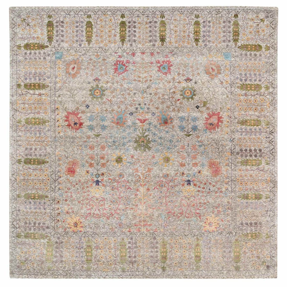 Beige Silk and Wool Hand Knotted 14'1"x14'1" Directional Rug: Beige Silk and Wool Hand Knotted 14'1"x14'1" Directional Rug This beige silk and wool hand-knotted rug measures 14'1" x 14'1" and is designed for indoor use, composed entirely of wool. Item Specifics: