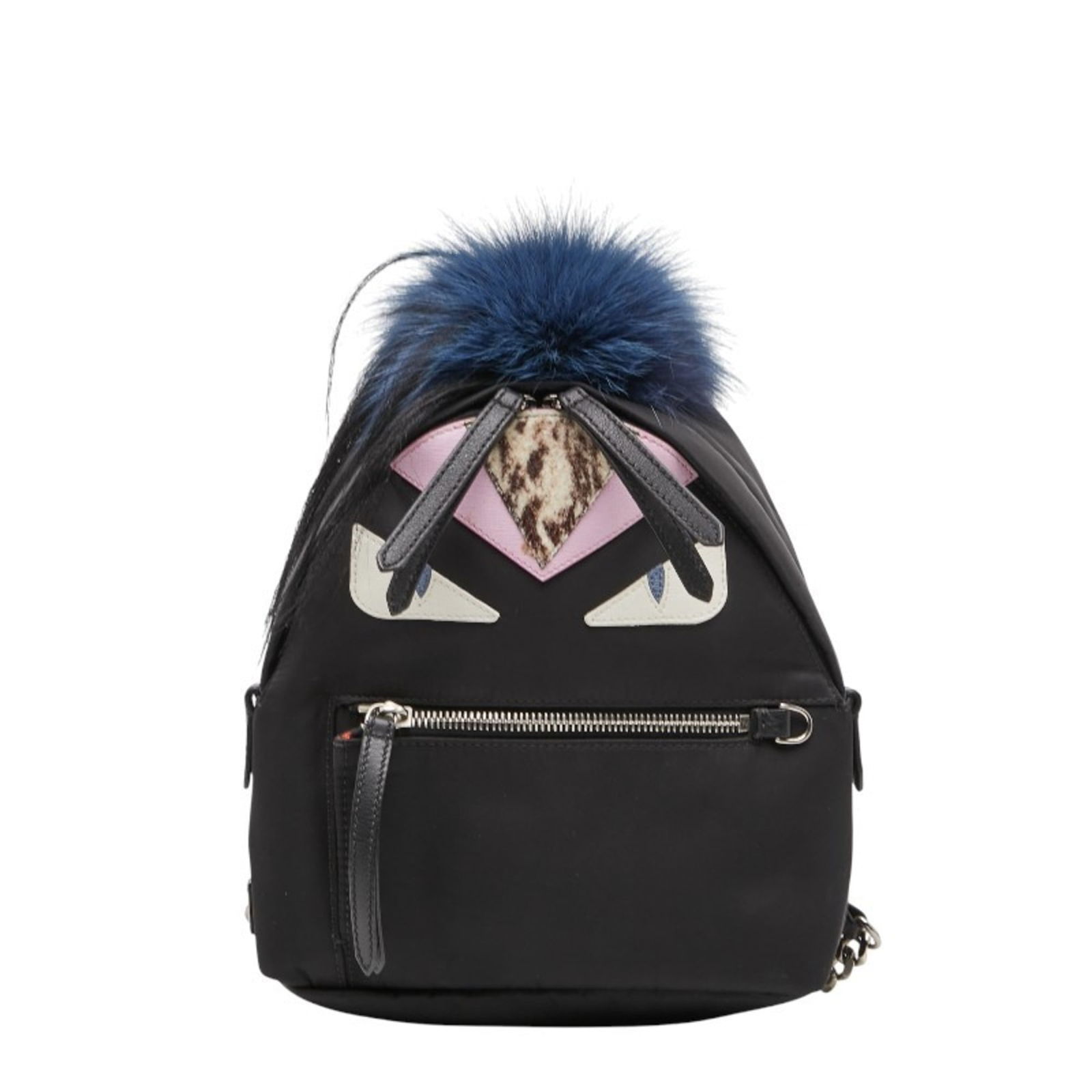 Nylon Backpack - Fendi: Nylon Backpack - Fendi The Fendi Nylon Backpack combines nylon, leather, and fur in a black, blue, and pink palette, sized 22cm x 18.5cm x 8.5cm, and shows traces of usage. Item Specifics: Brand: Fend