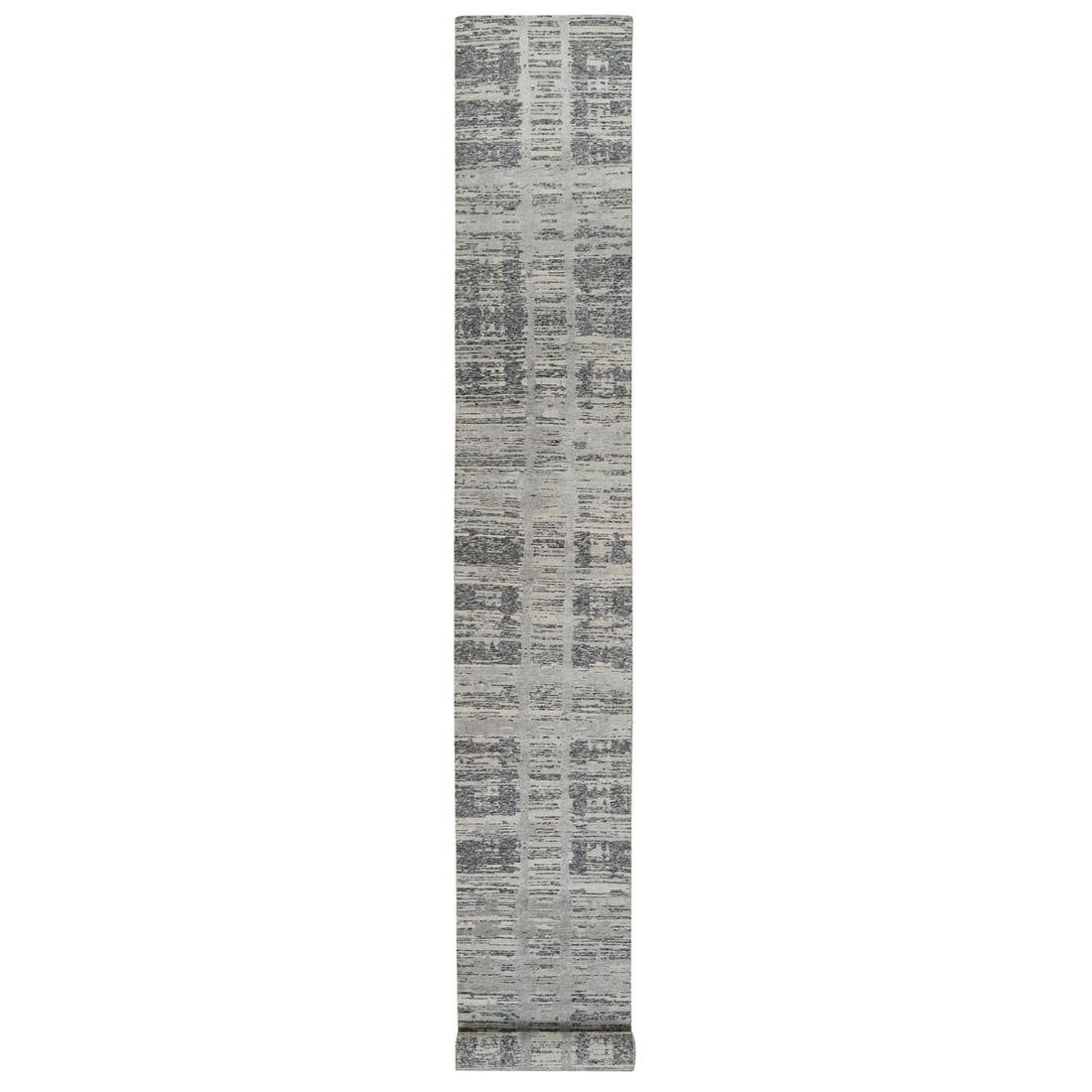 Gray Modern Design Wool Hand Knotted XL Runner Rug 2'6"x20': Gray Modern Design Wool Hand Knotted XL Runner Rug 2'6"x20' Gray Modern Design Wool Hand Knotted XL Runner Rug measuring 2'6" x 20', made of wool with a hand-knotted technique, featuring a grey color